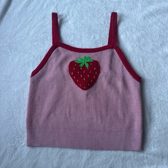 Hot Topic Pink knit embroidered Strawberry Tank Top - Picture 1 of 6